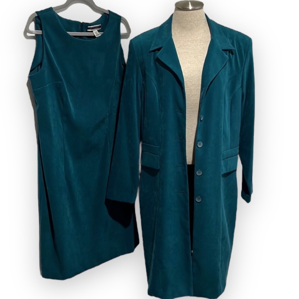 Amanda Smith 2 Piece Teal Microsuede Sleeveless Sheath Dress Jacket Set size 16
